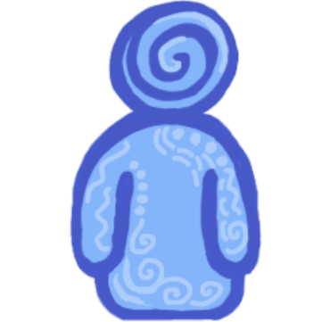 a blue person with a spiral on the head, and spirals and patterns for highlights on the body